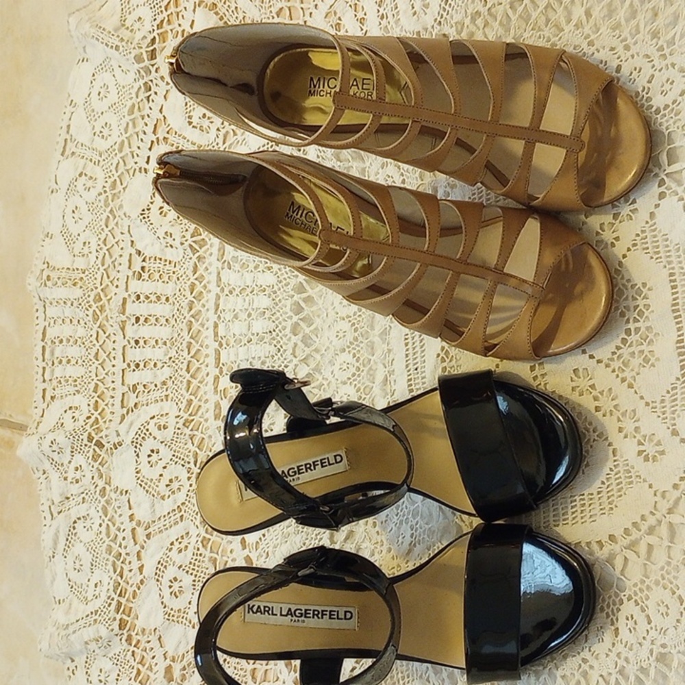 Michael Kors Beige Strappy Heels AND K. Lagerfeld Blk Patent Heels VGUC